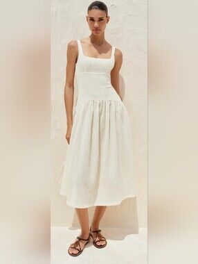 ZARA WOMAN STRAPPY TEXTURED MIDI DRESS OPEN-BACK - ECRU - SIZE S 4813